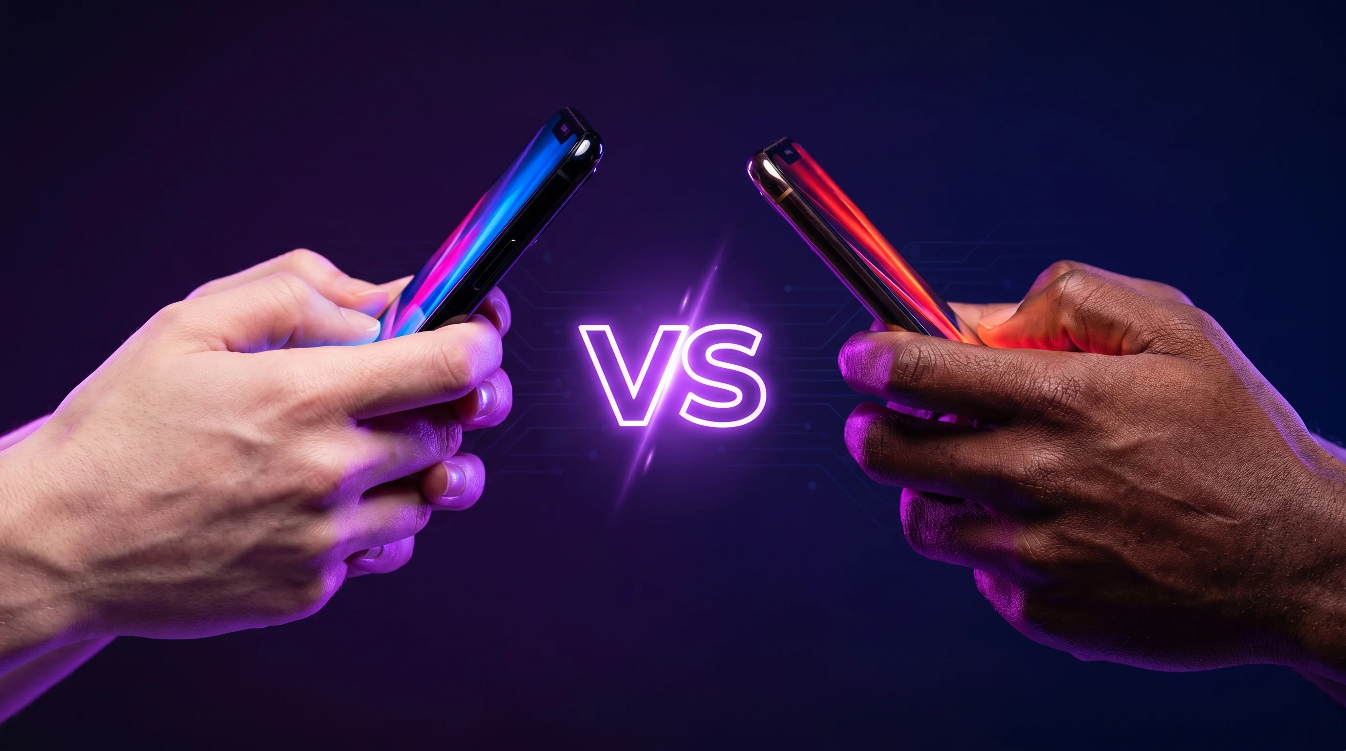 Two pairs of human hands holding glowing phones facing each other with a VS glow between them