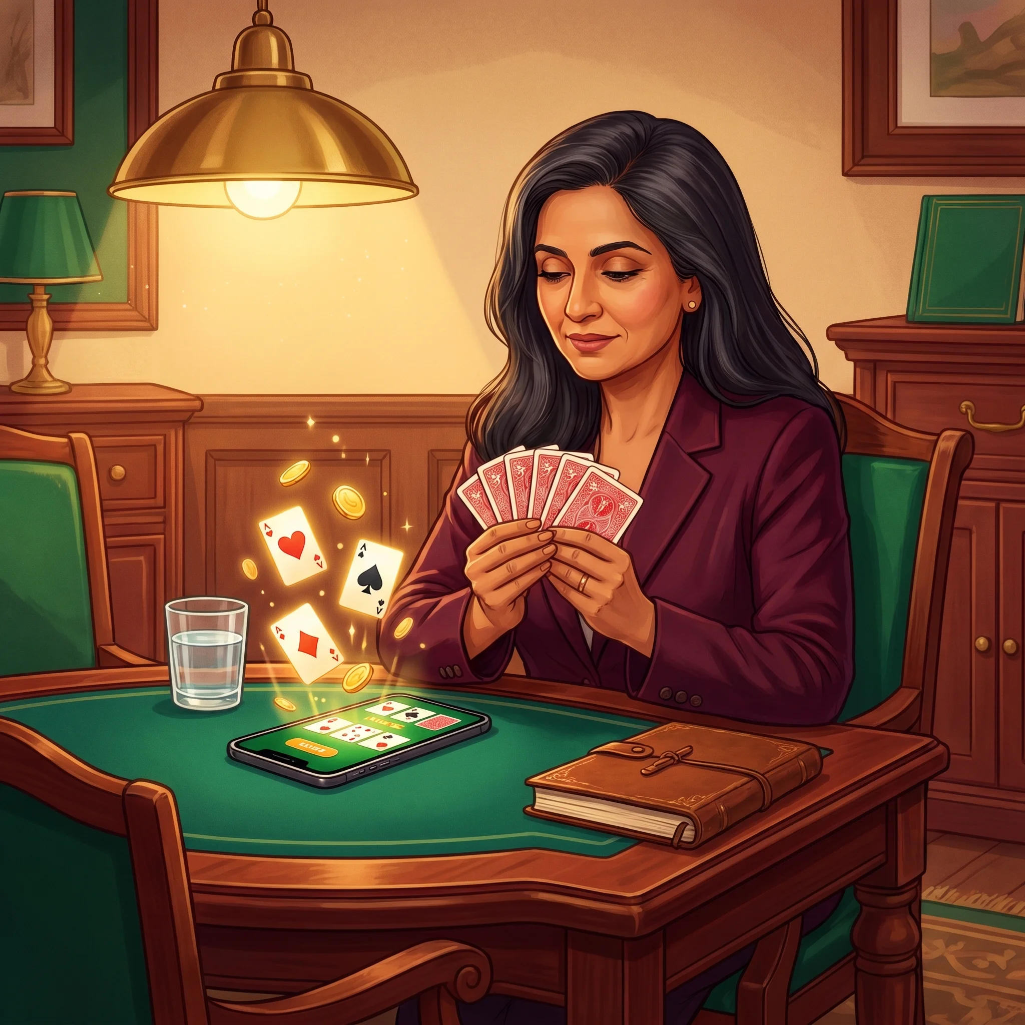 South Asian woman playing gin rummy with gold coins floating from her smartphone