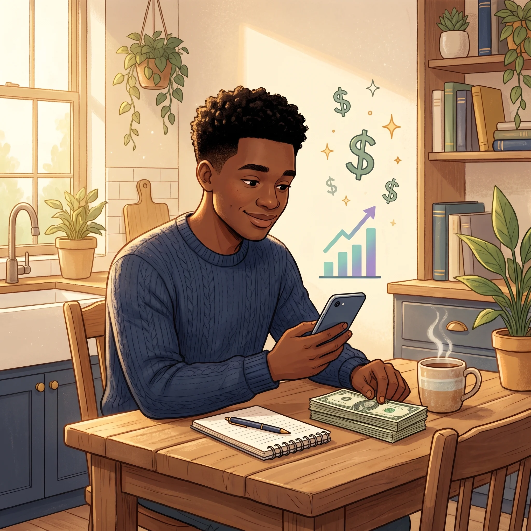 Young man reviewing skill game earnings on his phone beside a coffee mug and dollar bills